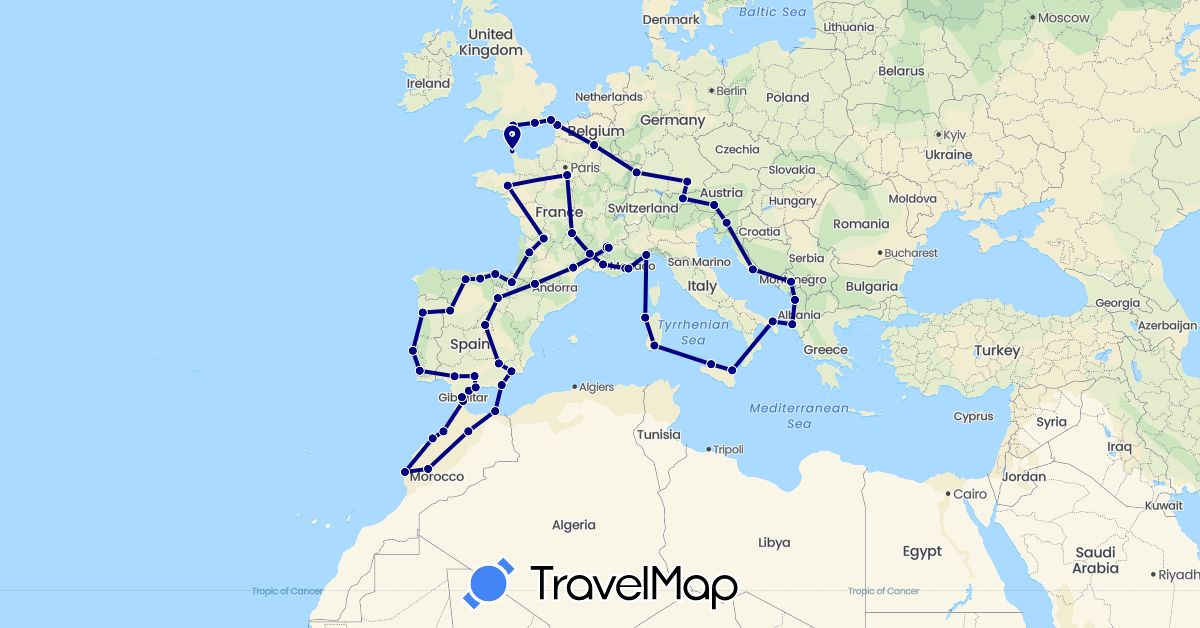 TravelMap itinerary: driving in Albania, Austria, Germany, Spain, France, United Kingdom, Croatia, Italy, Morocco, Montenegro, Portugal, Slovenia (Africa, Europe)